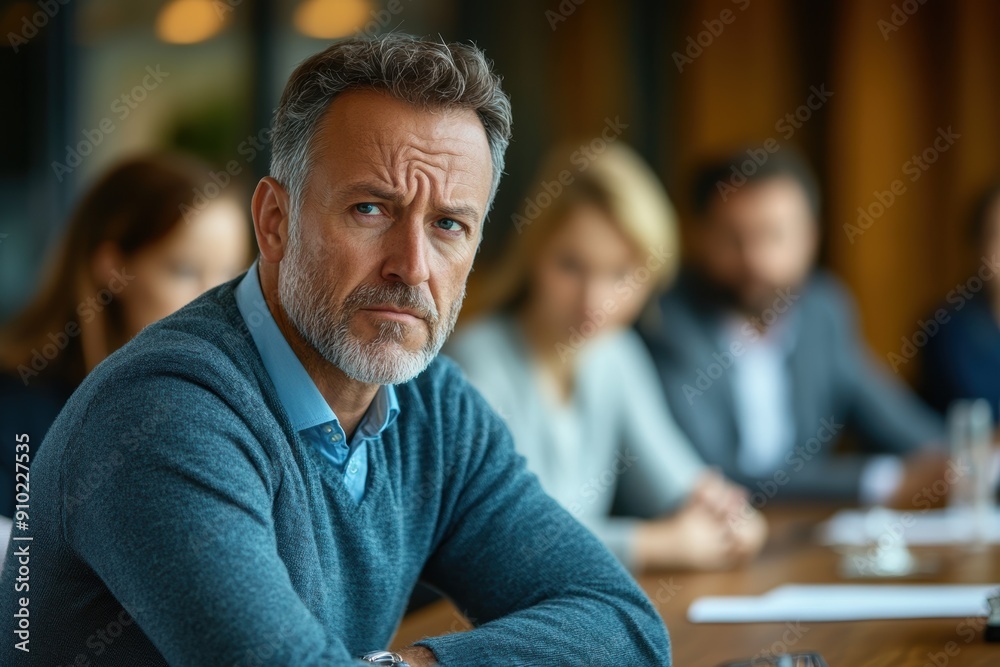 Defeated Middle-Aged Man in Team Meeting Struggling with Feeling Undervalued