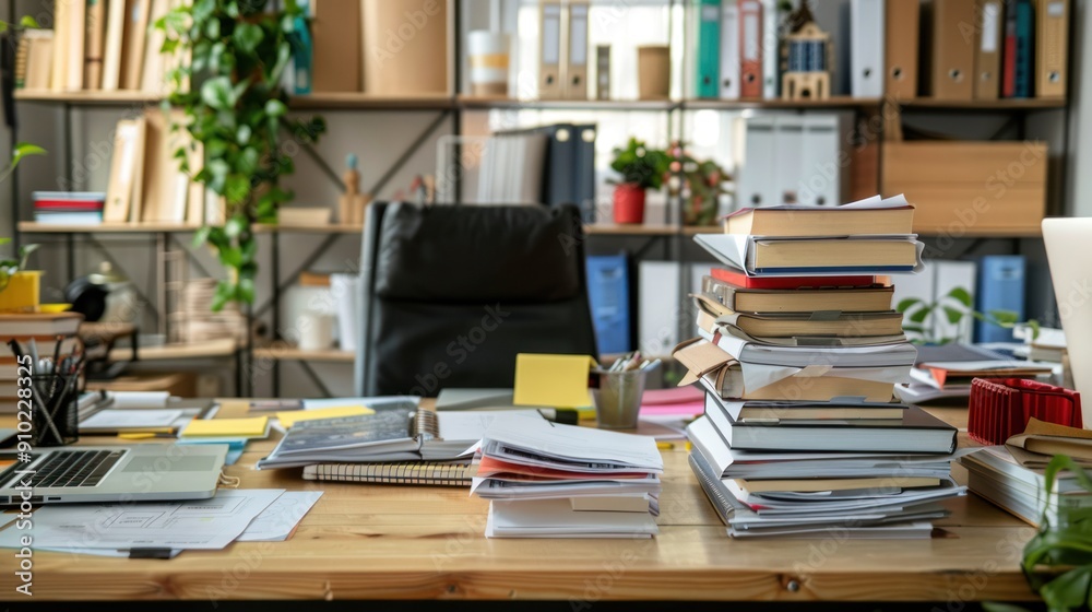 Office desk cluttered with paperwork and files. Office desk cluttered with paperwork and files.