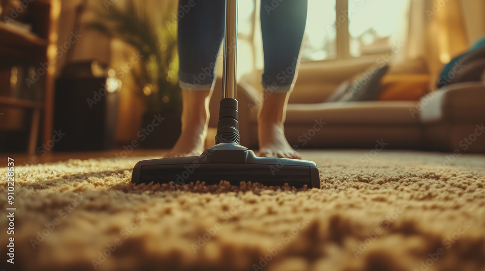 Vacuum cleaner at work on carpet, with cleaner's legs visible in the background. Vacuum cleaner at work on carpet, with cleaner's legs visible in the background.
