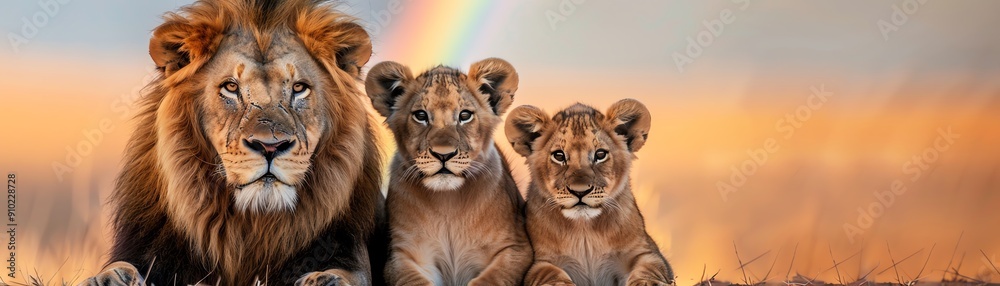 Fototapeta premium Lion family under rainbow, unity and protection