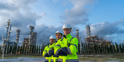 Professional experts with three male engineers standing with arm crossed, the team successfully performs maintenance and training work on the oil refinery at column tank oil of Petrochemistry industry photo