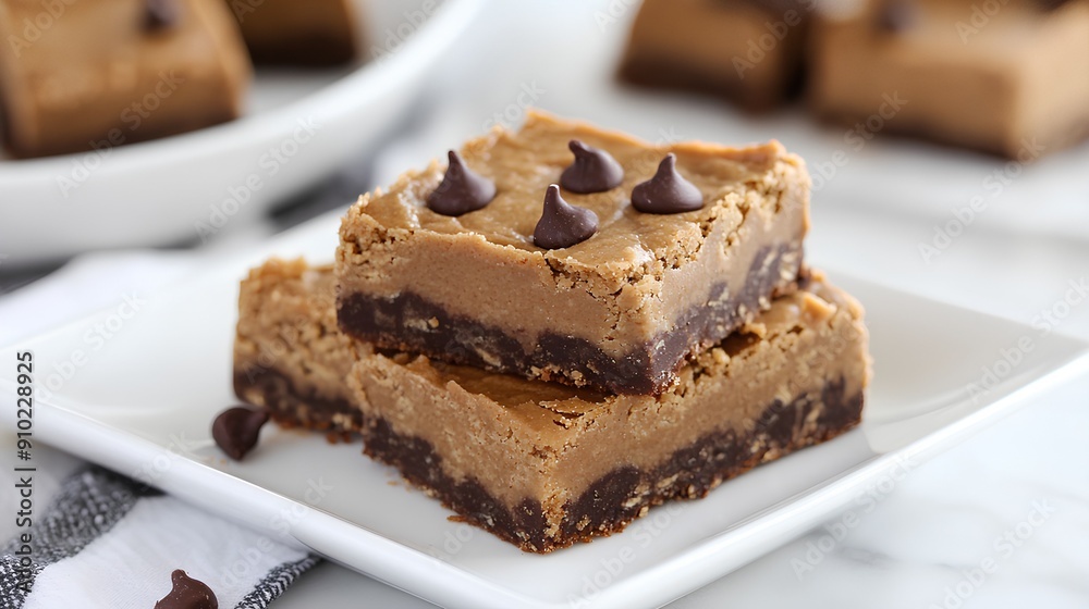 two square-shaped dessert bars stacked on a white plate. The bars have a layered appearance with a darker chocolate layer at the bottom and a lighter, possibly peanut butter or cookie dough layer on t two square-shaped dessert bars stacked on a white plate. The bars have a layered appearance with a darker chocolate layer at the bottom and a lighter, possibly peanut butter or cookie dough layer on t