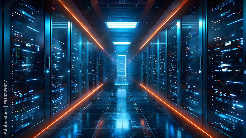 3D Illustration of a Server Room with Blue and Orange Lights 3D Illustration of a Server Room with Blue and Orange Lights