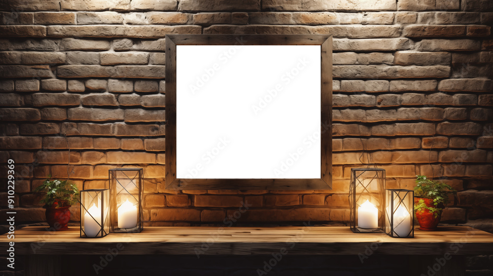 Hall framed picture canvas mockup. A rustic wooden picture frame mockup with a blank white canvas is mounted on a textured brick wall. Hall framed picture canvas mockup. A rustic wooden picture frame mockup with a blank white canvas is mounted on a textured brick wall.