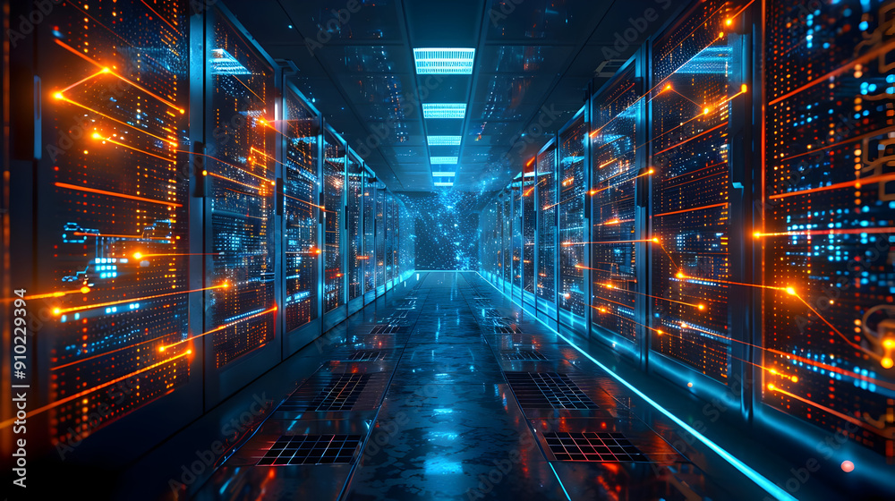 Server Room Illustration with Futuristic Data Connections Server Room Illustration with Futuristic Data Connections
