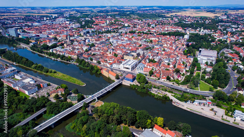 Aerial panorama view around the old town of the city Schweinfurt in Germany on a late summer day.