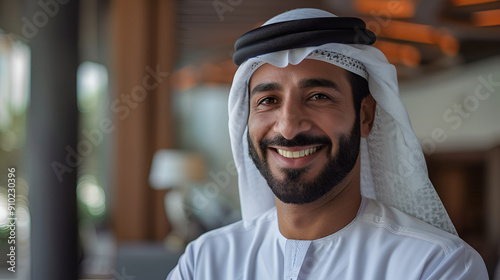 a businessman form middle east wearing his traditional dress in his office