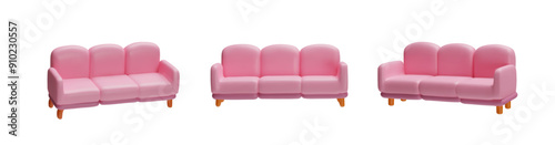 3d sofa with triple cushions, wooden legs depicted from different angles on a white background