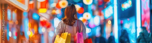 A shopper holding several colorful bags, seen from behind in a bustling shopping mall, with a vibrant and dynamic background of lights and storefronts