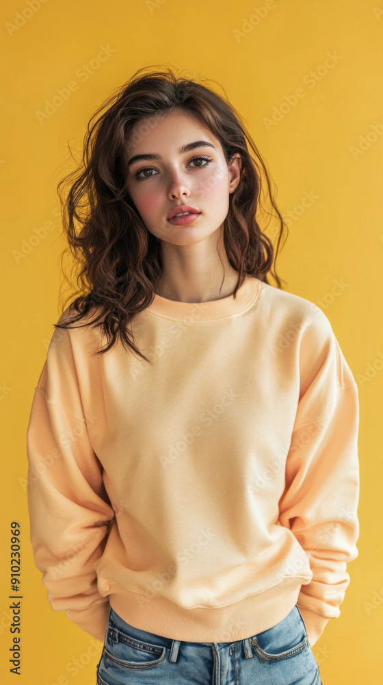 Obraz premium A woman is wearing a yellow sweater and blue jeans