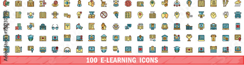 100 e-learning icons set. Color line set of e-learning vector icons thin line color flat on white