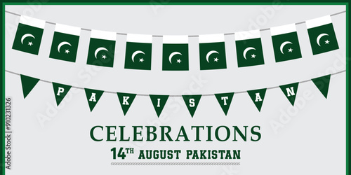 14th August Paksitan Celebration Flag. Pakistan flag buntings. Set of Patriotic hanging flags. Green Border with Rope, Best For Social Media Post or Template. Victor Illustration Isolated Background.