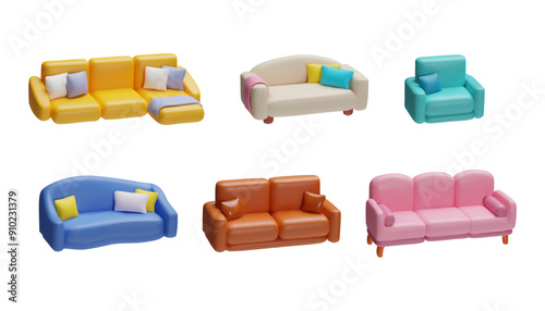 3D vector illustration of upholstered furniture with decorative pillows for cozy interiors.