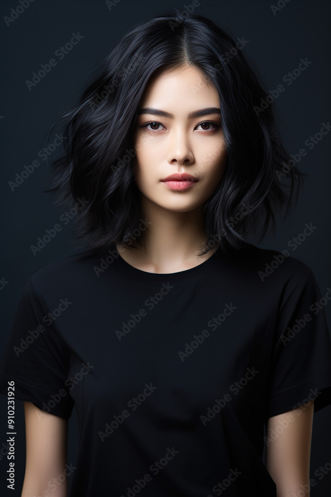 Beautiful Asian woman on black background in black shirt. Medium length black hair, expressive face and lips. Beautiful Asian woman on black background in black shirt. Medium length black hair, expressive face and lips.