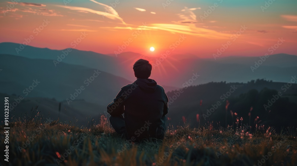 Man sitting on a hill, watching the sunset.