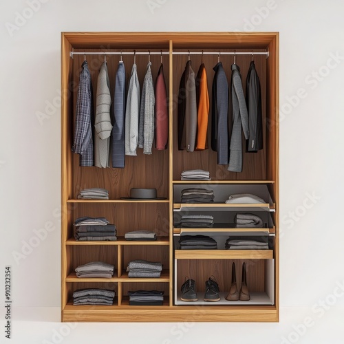 Stylish wooden wardrobe displaying neatly organized clothing, shoes, and accessories, ideal for modern minimalist interiors. photo