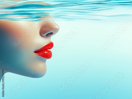 Ethereal beauty beneath water with glossy lips in serene aquatic surroundings photo