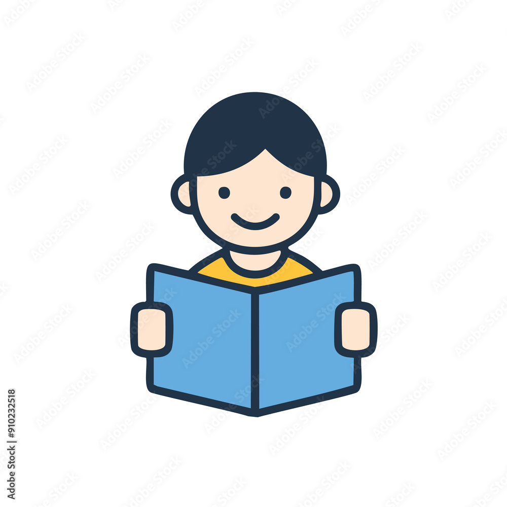 Cartoon Illustration of a Happy Child Reading a Blue Book Cartoon Illustration of a Happy Child Reading a Blue Book