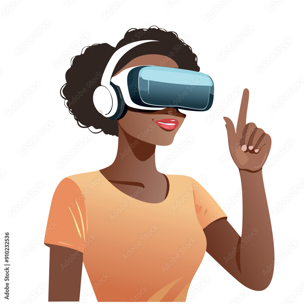 Naklejka premium Modern Illustration of a Smiling Woman Using Virtual Reality Headset, Pointing Upwards