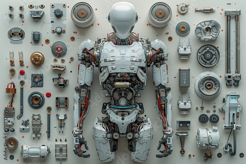 One robot surrounded by disassembled robot parts and details. Layout photography related to maintenance, repair, support, diagnostics.
