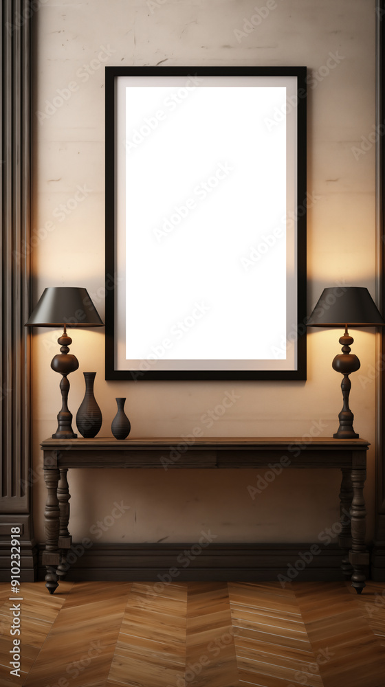 A stylish interior scene featuring a wooden console table with decorative vases, two elegant lamps, and a large empty frame mockup on the wall. A stylish interior scene featuring a wooden console table with decorative vases, two elegant lamps, and a large empty frame mockup on the wall.