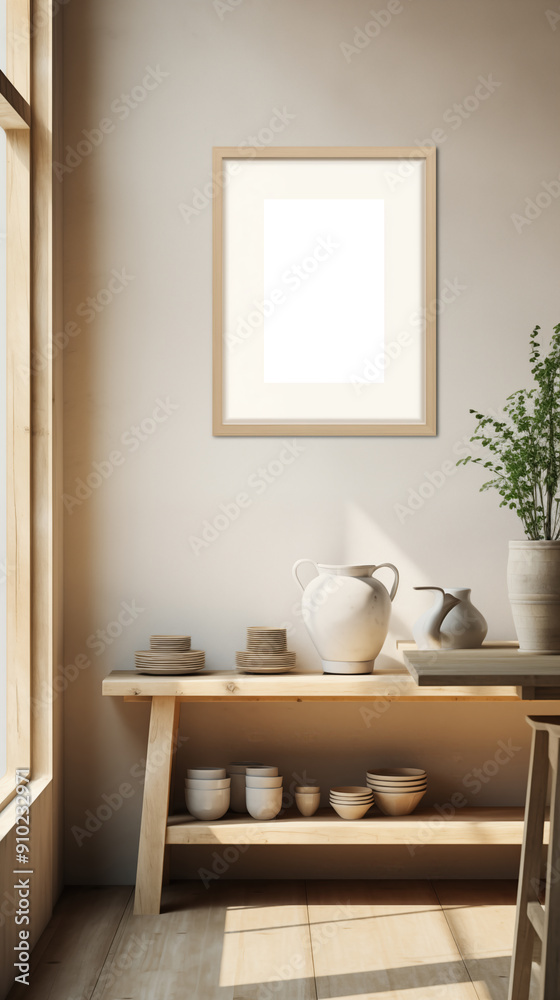 Kitchen picture mockup. A minimalist interior scene featuring a wooden table with various ceramic dishes and a pitcher. A large window allows natural light to illuminate. Kitchen picture mockup. A minimalist interior scene featuring a wooden table with various ceramic dishes and a pitcher. A large window allows natural light to illuminate.
