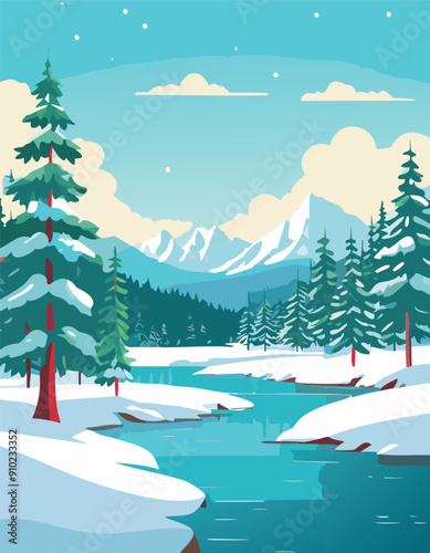 Winter Wonderland Illustration of Snowy Mountains, Pine Trees, and a Frozen River Under a Clear Blue Sky