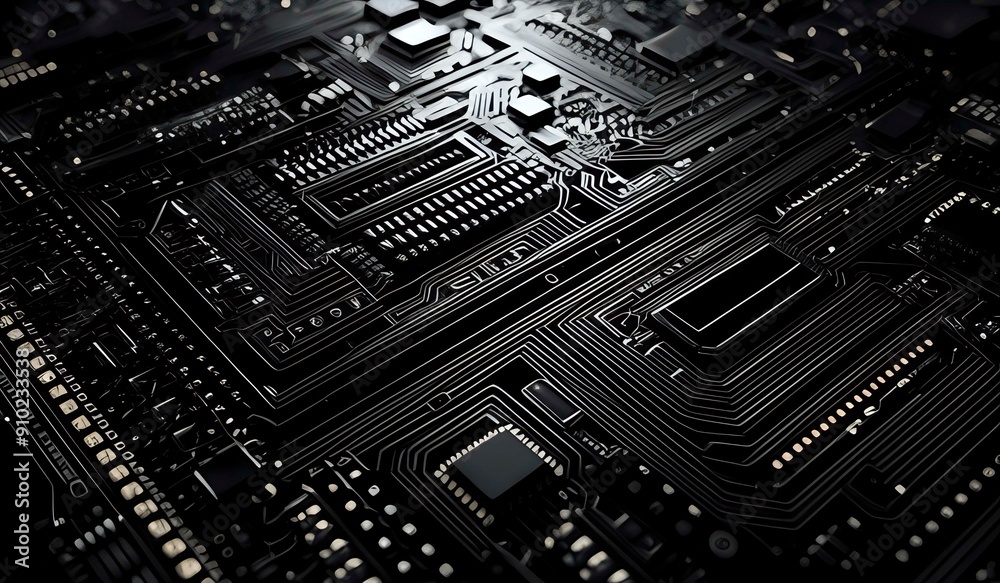 Close up of a black high tech circuit board background illustration. AI generated. Close up of a black high tech circuit board background illustration. AI generated.