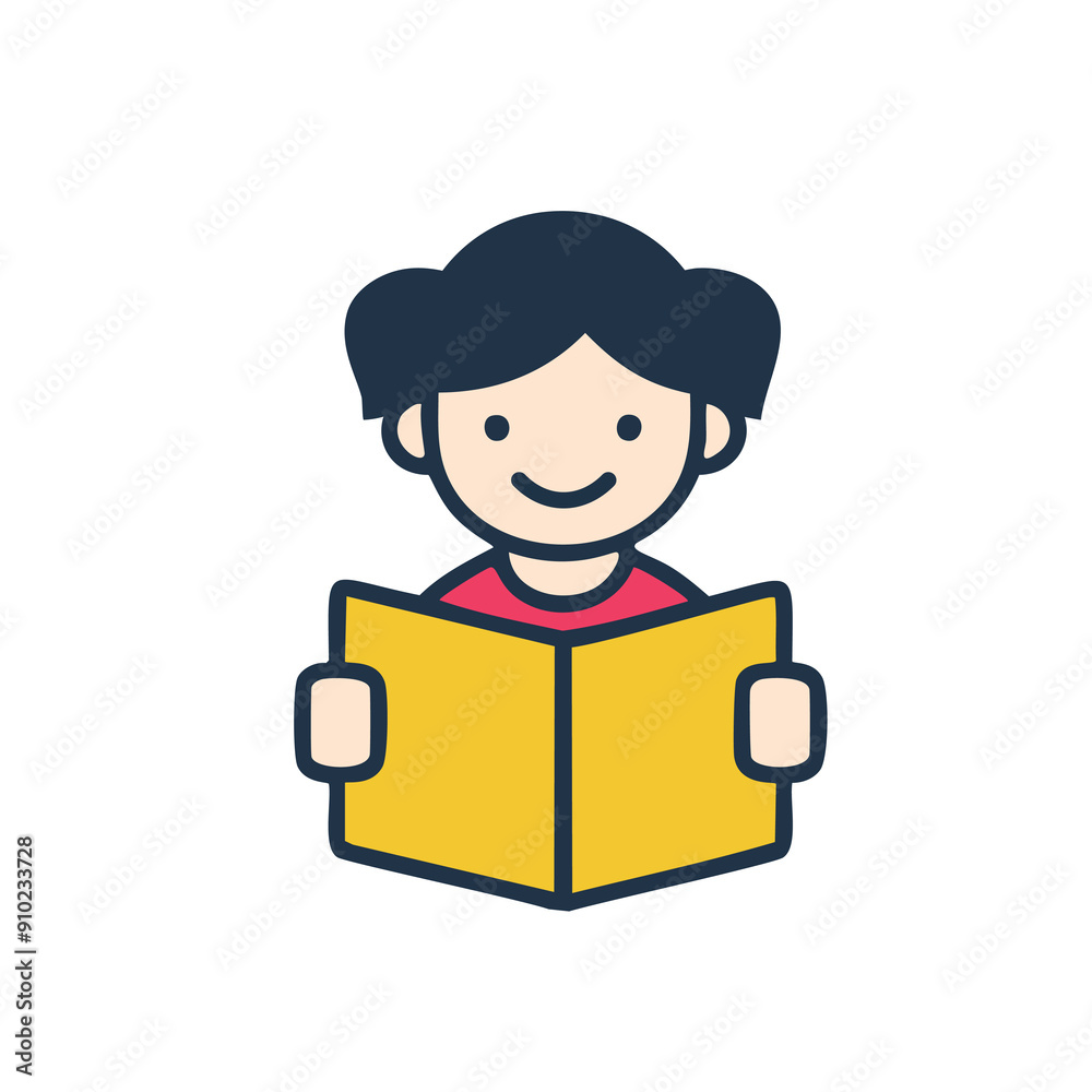 Cartoon Illustration of a Happy Child Reading a Book Cartoon Illustration of a Happy Child Reading a Book