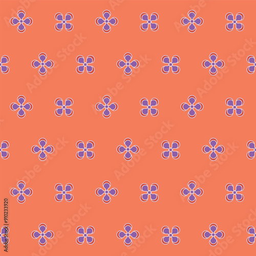 Groovy flower power seamless pattern. Retro, hippie vector floral print. Nostalgic 60s and 70s retro background. Geo tiny daisies, purple and orange