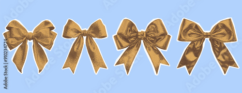 Vintage bows kit. Collage with a girly aesthetic. Retro bitmap scrapbooking style with cutout element. Trendy stickers for poster art or t-shirt with photocopy dotted effect.
