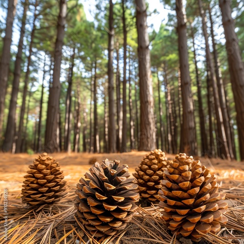 Discover a breathtaking pine forest, where cones adorn the forest floor and a lush canopy filters sunlight onto the towering trunks, creating an enchanting
