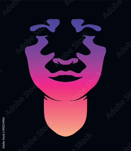 The girl's face is illuminated by a flashlight from below. Vector illustration of a creepy face