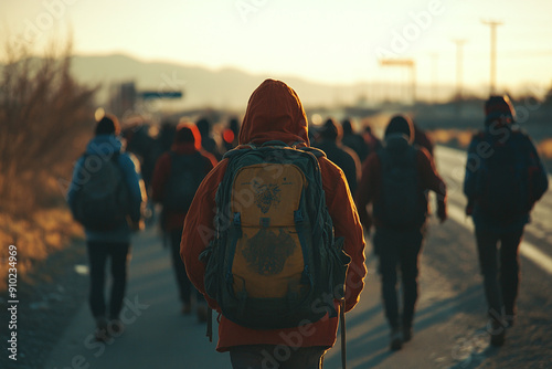 Photograph of a Group of Migrants Walking Along a Highway: Capturing the journey. photo