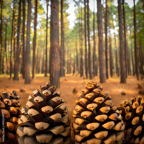Discover a breathtaking pine forest, where cones adorn the forest floor and a lush canopy filters sunlight onto the towering trunks, creating an enchanting