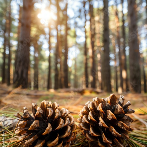 Discover a breathtaking pine forest, where cones adorn the forest floor and a lush canopy filters sunlight onto the towering trunks, creating an enchanting