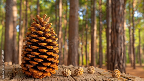 Discover a breathtaking pine forest, where cones adorn the forest floor and a lush canopy filters sunlight onto the towering trunks, creating an enchanting