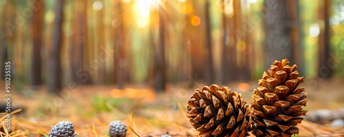 Discover a breathtaking pine forest, where cones adorn the forest floor and a lush canopy filters sunlight onto the towering trunks, creating an enchanting