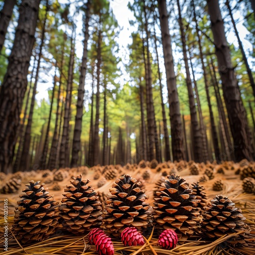 Discover a breathtaking pine forest, where cones adorn the forest floor and a lush canopy filters sunlight onto the towering trunks, creating an enchanting