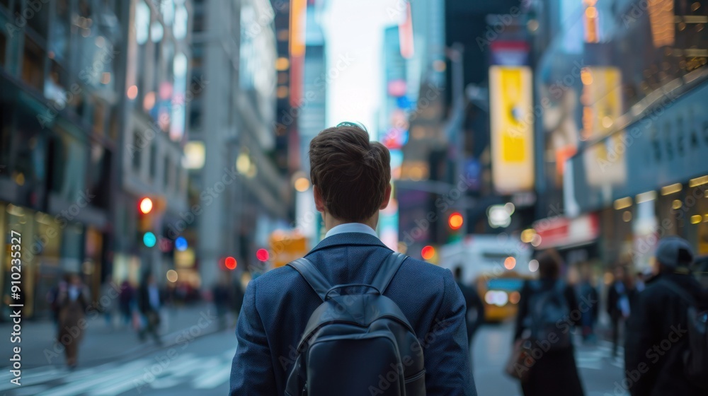 A young professional walking through a busy city street. A young professional walking through a busy city street.