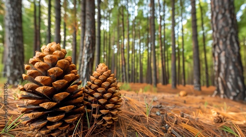 Discover a breathtaking pine forest, where cones adorn the forest floor and a lush canopy filters sunlight onto the towering trunks, creating an enchanting