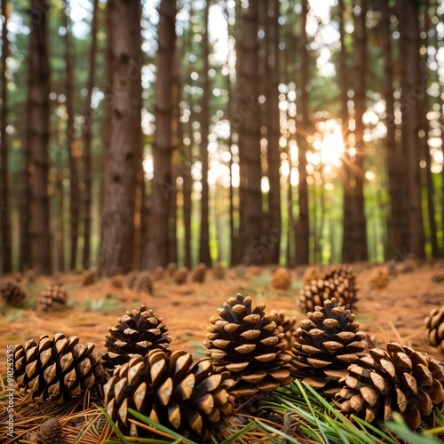 Discover a breathtaking pine forest, where cones adorn the forest floor and a lush canopy filters sunlight onto the towering trunks, creating an enchanting