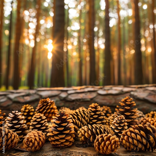 Discover a breathtaking pine forest, where cones adorn the forest floor and a lush canopy filters sunlight onto the towering trunks, creating an enchanting