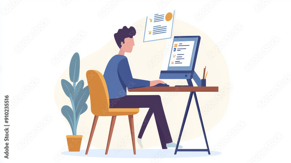 Man is studying online, using a computer. He is attending a webinar with his tutor. Virtual and e-learning concept. Man is studying online, using a computer. He is attending a webinar with his tutor. Virtual and e-learning concept.