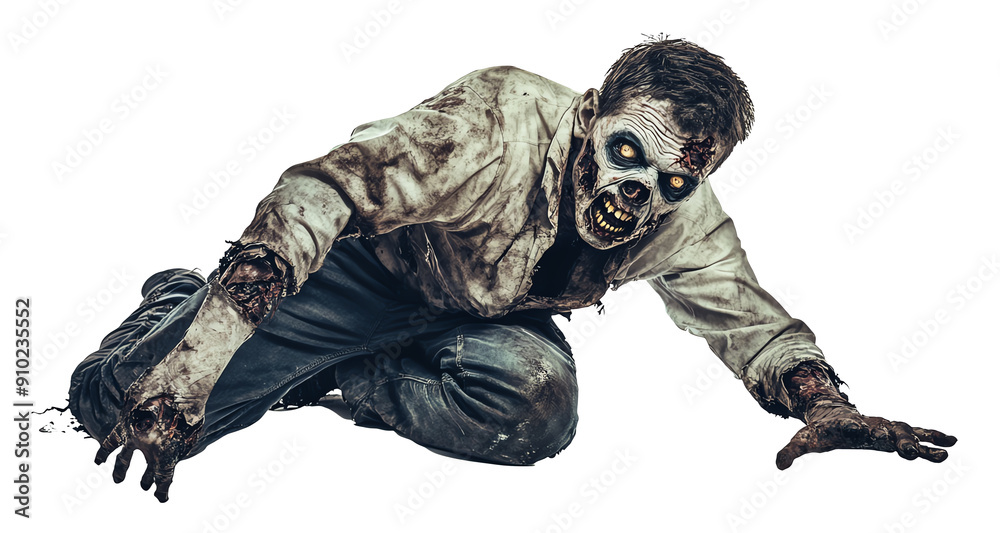 Fototapeta premium Creepy zombie with a twisted expression, leaning to one side and dragging a broken leg, looking menacingly on a solid white background
