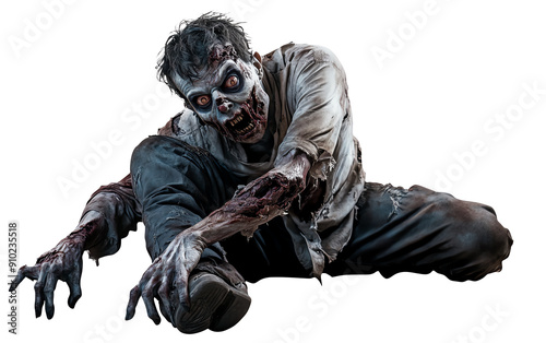 Creepy zombie with a twisted expression, leaning to one side and dragging a broken leg, looking menacingly on a solid white background