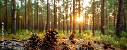 Discover a breathtaking pine forest, where cones adorn the forest floor and a lush canopy filters sunlight onto the towering trunks, creating an enchanting