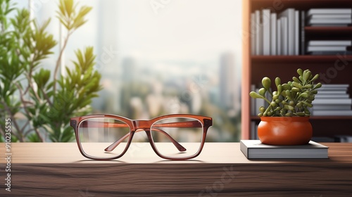 A pair of stylish brown glasses resting on a wooden table, with a blurred cityscape in the background. A small potted plant and a stack of books are also visible, creating a cozy atmosphere.