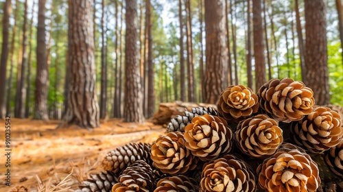 Discover a breathtaking pine forest, where cones adorn the forest floor and a lush canopy filters sunlight onto the towering trunks, creating an enchanting