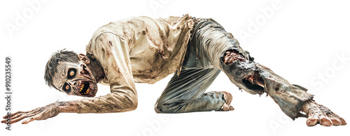 Creepy zombie with a twisted expression, leaning to one side and dragging a broken leg, looking menacingly on a solid white background